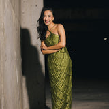Demi Pleated Satin Tiered Midi Dress - Forest Green