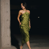 Demi Pleated Satin Tiered Midi Dress - Forest Green