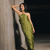 Demi Pleated Satin Tiered Midi Dress - Forest Green