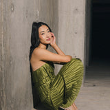 Demi Pleated Satin Tiered Midi Dress - Forest Green