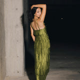 Demi Pleated Satin Tiered Midi Dress - Forest Green