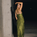 Demi Pleated Satin Tiered Midi Dress - Forest Green