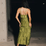 Demi Pleated Satin Tiered Midi Dress - Forest Green