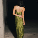 Demi Pleated Satin Tiered Midi Dress - Forest Green