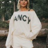 Fancy Oversized Fleece Off The Shoulder Sweatshirt - Cream/Plaid