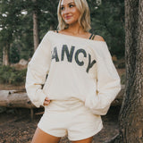 Fancy Oversized Fleece Off The Shoulder Sweatshirt - Cream/Plaid