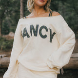 Fancy Oversized Fleece Off The Shoulder Sweatshirt - Cream/Plaid