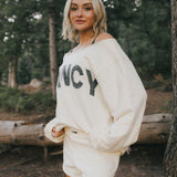 Fancy Oversized Fleece Off The Shoulder Sweatshirt - Cream/Plaid