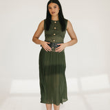 Michelle Round Neck Sleeveless Belted Midi Dress - Olive