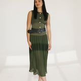 Michelle Round Neck Sleeveless Belted Midi Dress - Olive