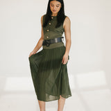Michelle Round Neck Sleeveless Belted Midi Dress - Olive