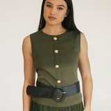 Michelle Round Neck Sleeveless Belted Midi Dress - Olive