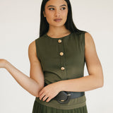 Michelle Round Neck Sleeveless Belted Midi Dress - Olive