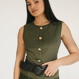 Michelle Round Neck Sleeveless Belted Midi Dress - Olive