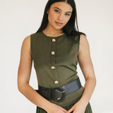 Michelle Round Neck Sleeveless Belted Midi Dress - Olive