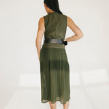 Michelle Round Neck Sleeveless Belted Midi Dress - Olive