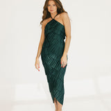 Riley Pleated Satin Tiered Midi Dress - Forest Green