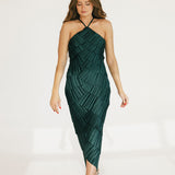 Riley Pleated Satin Tiered Midi Dress - Forest Green