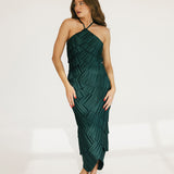 Riley Pleated Satin Tiered Midi Dress - Forest Green