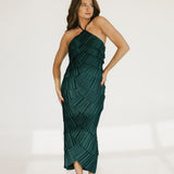 Riley Pleated Satin Tiered Midi Dress - Forest Green