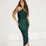 Riley Pleated Satin Tiered Midi Dress - Forest Green