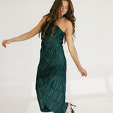 Riley Pleated Satin Tiered Midi Dress - Forest Green