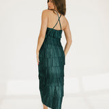 Riley Pleated Satin Tiered Midi Dress - Forest Green