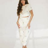Jewel Embellished Top And Midi Skirt Set - Cream