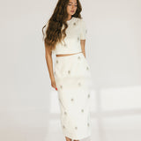 Jewel Embellished Top And Midi Skirt Set - Cream