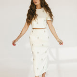 Jewel Embellished Top And Midi Skirt Set - Cream