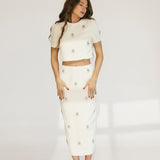 Jewel Embellished Top And Midi Skirt Set - Cream