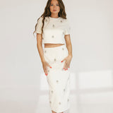 Jewel Embellished Top And Midi Skirt Set - Cream