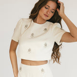 Jewel Embellished Top And Midi Skirt Set - Cream