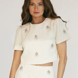 Jewel Embellished Top And Midi Skirt Set - Cream