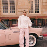 Fancy Oversized French Terry Mockneck - Pearl Pink Allover Hearts
