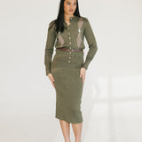Bailey Belted Knit Midi Skirt Set - Olive