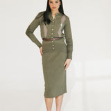 Bailey Belted Knit Midi Skirt Set - Olive