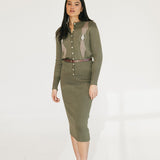 Bailey Belted Knit Midi Skirt Set - Olive