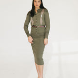 Bailey Belted Knit Midi Skirt Set - Olive