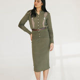 Bailey Belted Knit Midi Skirt Set - Olive