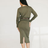 Bailey Belted Knit Midi Skirt Set - Olive