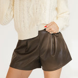 Nat Pleated Leather Shorts - Brown