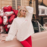 Fancy Oversized French Terry Mockneck - Ruby Red Allover Hearts