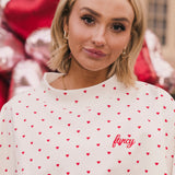 Fancy Oversized French Terry Mockneck - Ruby Red Allover Hearts