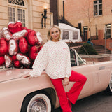 Fancy Oversized French Terry Mockneck - Ruby Red Allover Hearts