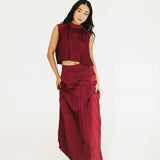 Bailey Mock Neck Pleated Overlay Sleeveless Crop Top - Burgundy