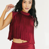 Bailey Mock Neck Pleated Overlay Sleeveless Crop Top - Burgundy