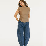 Madalyn Asymetrical Off Shoulder Ruched Top - Mocha