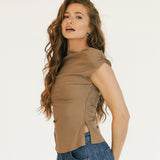Madalyn Asymetrical Off Shoulder Ruched Top - Mocha
