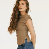 Madalyn Asymetrical Off Shoulder Ruched Top - Mocha